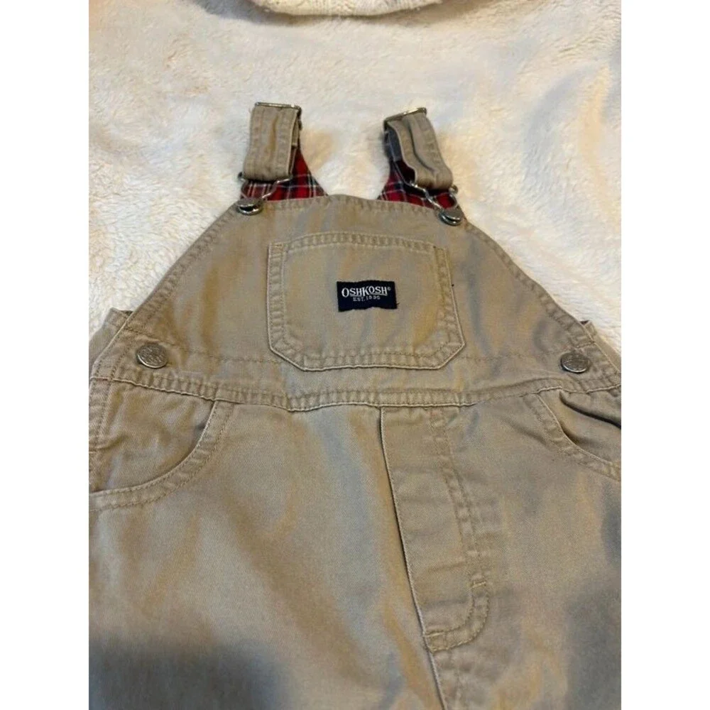 Vintage OshKosh 24M Boys Cargo Khaki Red Plaid Lined Overalls Fall Season
